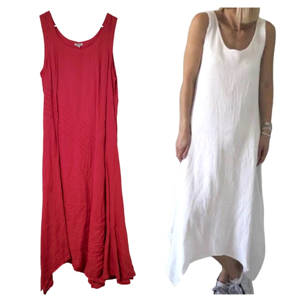 Puro Lino Red 100% Linen Lagenlook Asymmetrical Hem Tank Maxi Dress Size XL